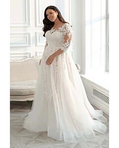 Illusion Neckline Lace Bodice Tulle Ball Gown with Long Train for Formal Events