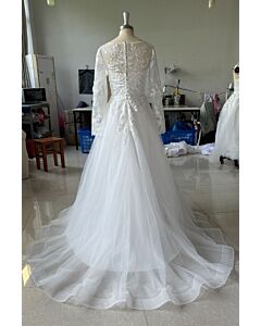 Lace Long-Sleeve Illusion Neckline Tulle Ball Gown with Long Train for Formal Events