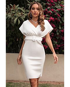 Ivory Belted V-Neck Sheath Dress