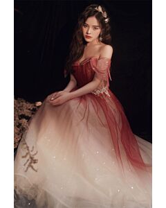 Red-to-Peach Gradient Off-Shoulder Tulle Gown with Floral Appliqué – Perfect for Weddings and Formal Events