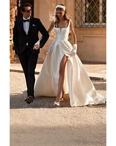 Square-Neck Satin Ball Gown with Long Train for Formal Events