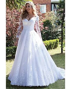 Lace Sleeve V-Neck Ball Gown with Long Train for Formal Events