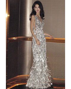 Radiant Silver Sequin Fringe Gown with Plunging Neckline – Perfect for Red Carpet Galas