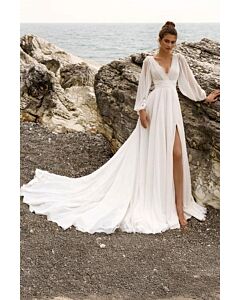 Long-Sleeve V-Neck Gown with High Slit and Long Train for Formal Events