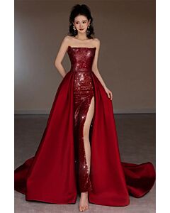 Crimson Sequin Strapless High-Slit Gown with Overskirt – Perfect for Galas and Formal Evenings