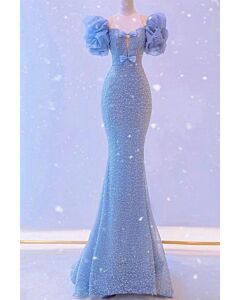 Ice Blue Sequin Mermaid Gown with Puff Sleeves and Bow Detail – Perfect for Formal Events