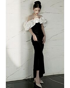Elegant Black Velvet Gown with Dramatic White Satin Ruffled Shoulders