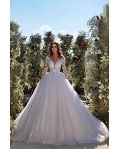 Long-Sleeve  Lace Ball Gown with Long Train for Formal Events