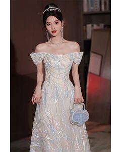 Pearl Petal Reverie – Off-Shoulder Pastel Sequin A-Line Gown