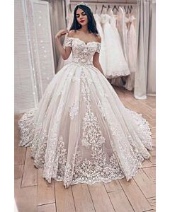 Off-the-Shoulder Lace Ball Gown with Train for Formal Events