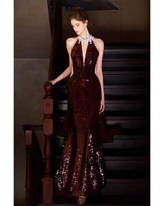  Dazzling Burgundy Sequined Gown with Elegant Neckline and Charming Back Bow
