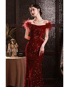 Fierce Red Sequin Off-Shoulder Gown with Feather Accents – Perfect for Red Carpet Events