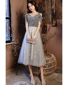 Silver Starlight Beaded Tulle Dress – Elegant Midi Evening Gown