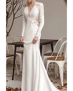 Long-Sleeve Lace Inset Mermaid Gown with Long Train for Evening Events