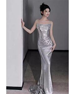 Glamorous Silver Sequin Off-Shoulder Gown with Cascading Train – Ideal for Weddings and Formal Events