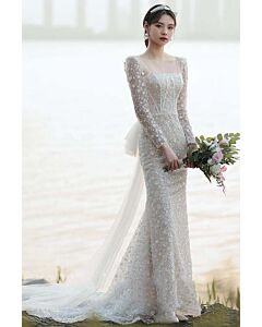 White 3D Floral Long-Sleeve Mermaid Bridal Gown – Perfect for Romantic Weddings