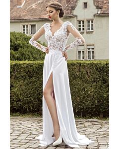Lace Long-Sleeve V-Neck Gown with High Slit and Long Train for Formal Events