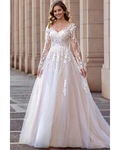 Lace Long-Sleeve V-Neck Ball Gown with Long Train for Formal