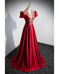 Red Satin Gown with Floral Embroidery and Puffy Sleeves