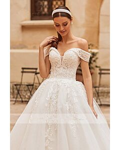 Off-the-Shoulder V-Neck Lace Bodice Tulle Ball Gown with Long Train for Wedding Events