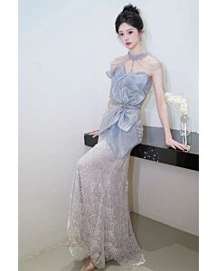 Elegant Ice Blue Mermaid Evening Gown - Luxurious Beaded Dress with Statement Bow for Engagements and Formal Events