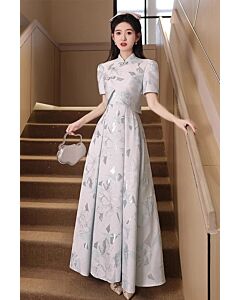 Azure Elegance – Floral Jacquard Cheongsam-Inspired Gown