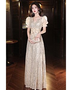 Radiant Gold Sequin Gown with Puff Sleeves – Perfect for Weddings and Galas