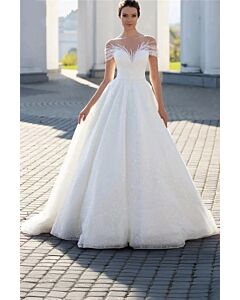 Illusion Neckline Lace Appliqué Ball Gown with Long Train for Formal Events