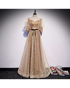 Champagne Stardust Bow-Belt Puff-Sleeve Gown
