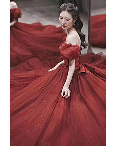 Scarlet Enchantment Ball Gown – Off-Shoulder Tulle with Puff Sleeves
