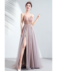 Ethereal Blush Slit Gown – Embroidered Tulle with Spaghetti Straps