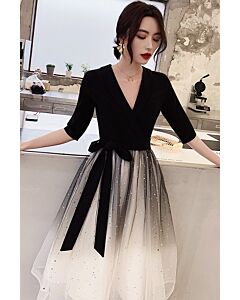 Chic Black-and-White Ombre Tulle Dress with Belt – Perfect for Cocktail Parties and Formal Gatherings