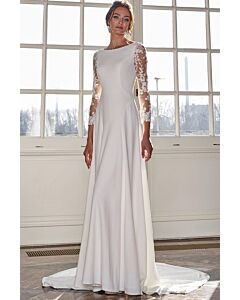 Lace Sleeve High-Neck Flowy Gown with Long Train for Formal Events