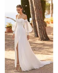 Off-the-Shoulder Lace Bodice Gown with Puff Sleeves and High Slit for Formal Events
