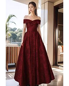 Crimson Off-Shoulder Jacquard Gown – Perfect for Weddings and Formal Evenings