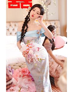 Sky Blue Off-Shoulder Qipao Gown with Floral Embroidery – Perfect for Modern Chinese Weddings