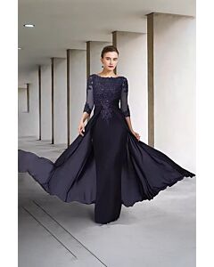 Elegant Navy Blue Lace and Chiffon Gown with Long Train for Formal Events