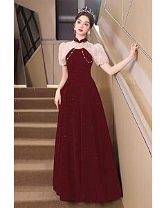 Burgundy High-Collar Lace Puff-Sleeve Gown – Perfect for Weddings and Formal Events