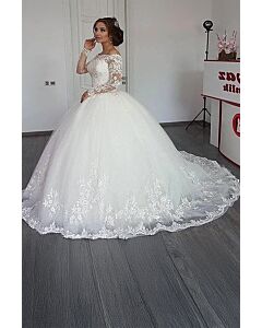 Lace Illusion Neckline Long-Sleeve Ball Gown with Long Train for  Events