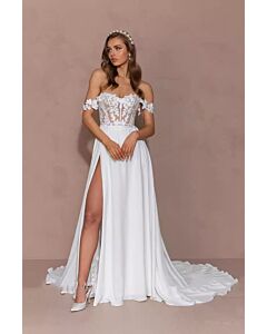 Off-the-Shoulder Lace Bodice Gown with High Slit and Long Train for Formal Events