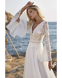 Long-Sleeve Lace Bodice Tulle Ball Gown with Long Train for Beach Weddings