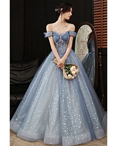 Celestial Blue Off-Shoulder Sparkle Ball Gown – Perfect for Weddings and Fairy-Tale Evenings