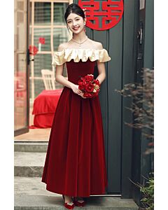 Elegant Velvet Red Off-Shoulder Dress with Ruffled Detailing – Perfect for Weddings or Special Occasions