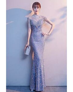 Silver High-Neck Fringe Sequin Gown – Perfect for Weddings and Formal Soirees