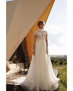 High  Lace Bodice A-Line Gown with Long Train for Formal Events