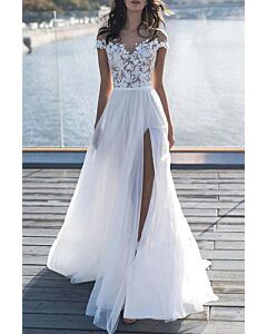 Lace Illusion Neck A-Line Gown with High Slit and Long Train for Formal Events