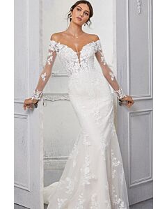 Off-the-Shoulder Lace Mermaid Gown with Long Sleeves and Train for Formal Events