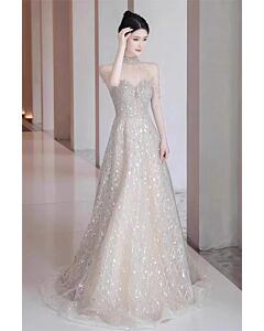 Champagne Sequin Off-Shoulder A-Line Gown with Sheer Choker – Perfect for Galas and Formal Events