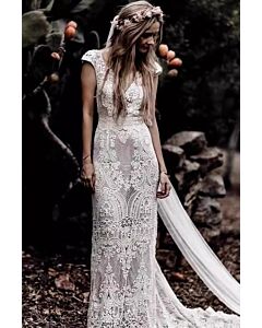 Bohemian Lace Sheath Gown with Long Train for Wedding Events"