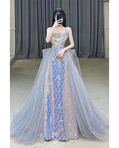 Iridescent Sequin Gown with Tulle Overskirt – Perfect for Weddings and Gala Evenings